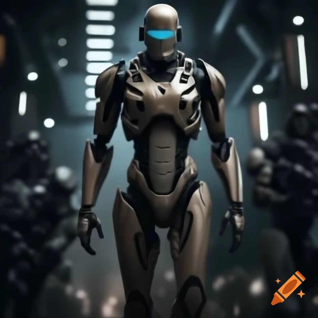 Slender cyborg warrior in high-tech battlefield setting