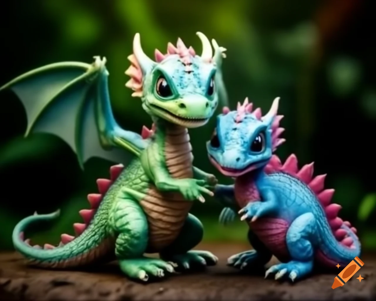 Green baby dragon wrestling with pale blue and pink baby dragon, realistic style