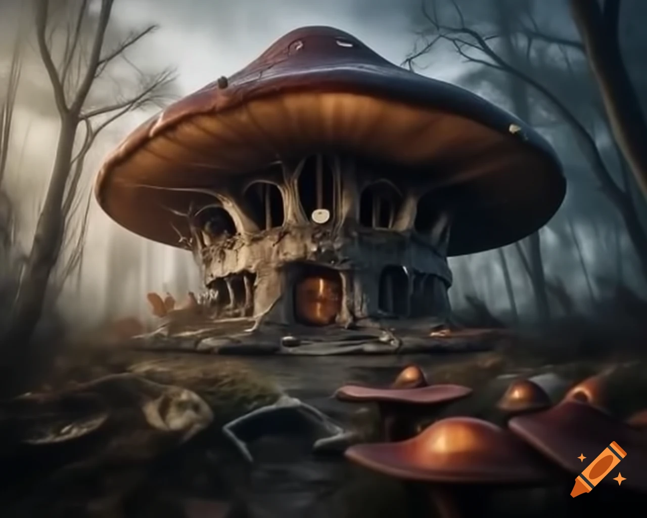 Hyper realistic photography of a post-apocalyptic witch's mushroom house