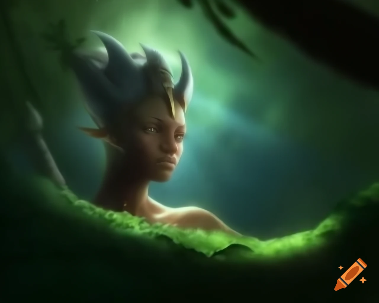 Powerful goddess of the wild in a lush forest, ancient legends