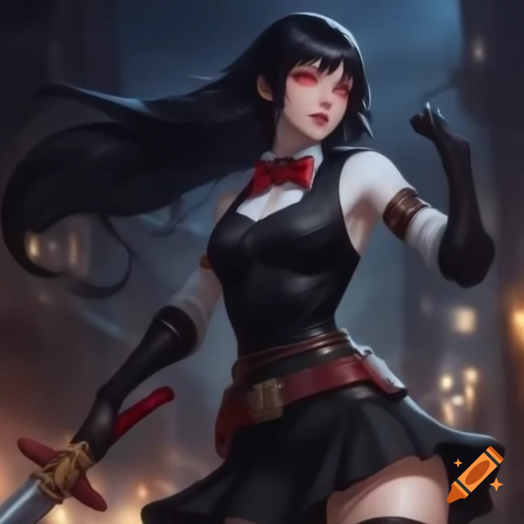Game art style character with long black hair in formal attire and accessories