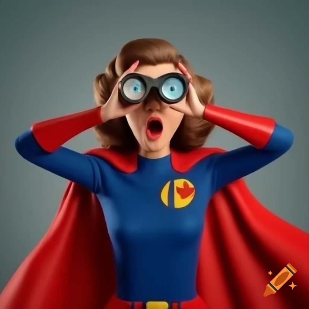Surprised retro woman in superhero cape using binoculars