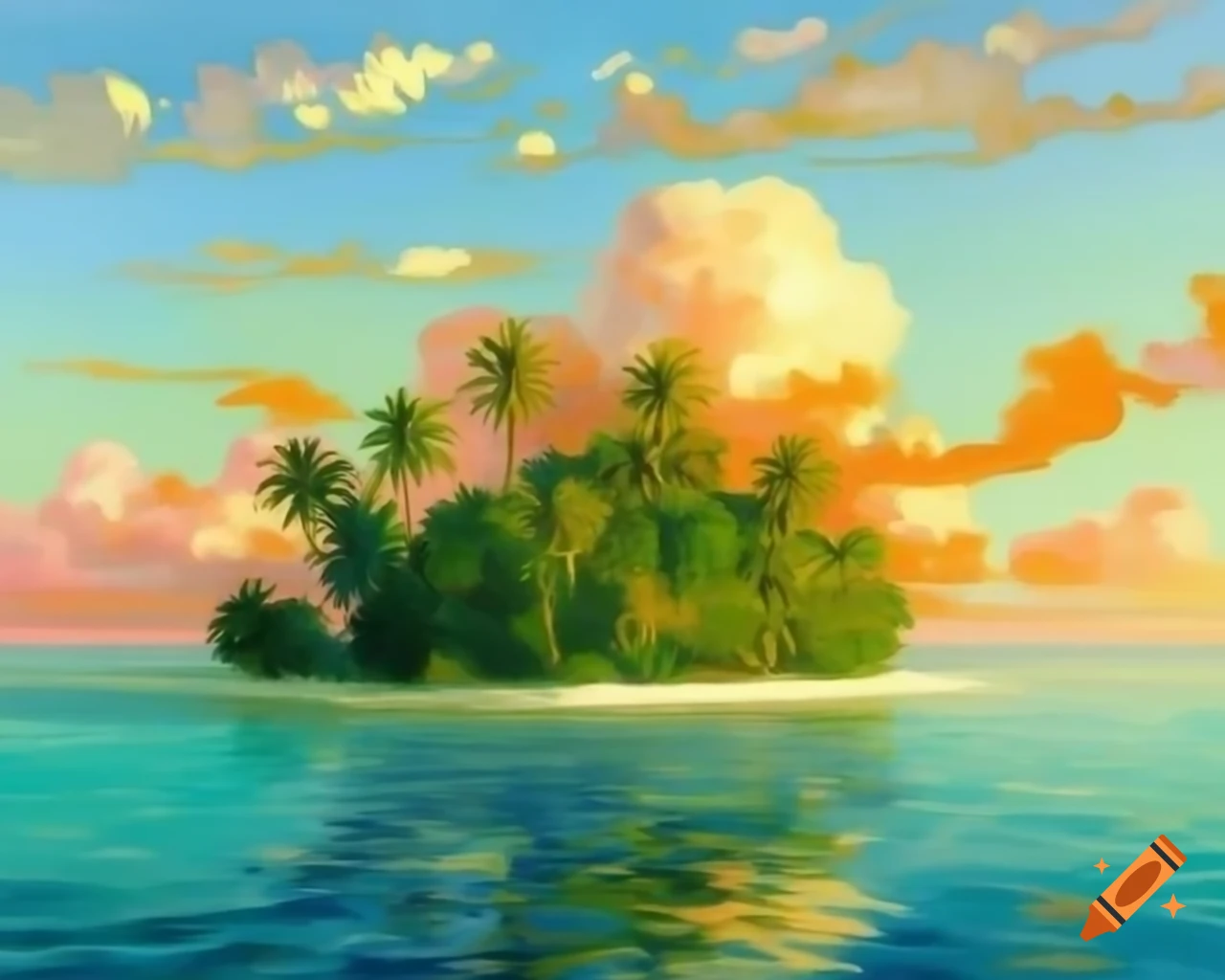 Serene tropical island with palm trees and sunset hues over turquoise waters