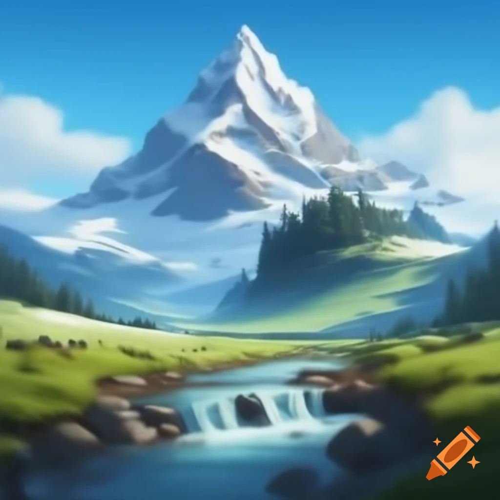 Snowy mountain with stream and green landscape