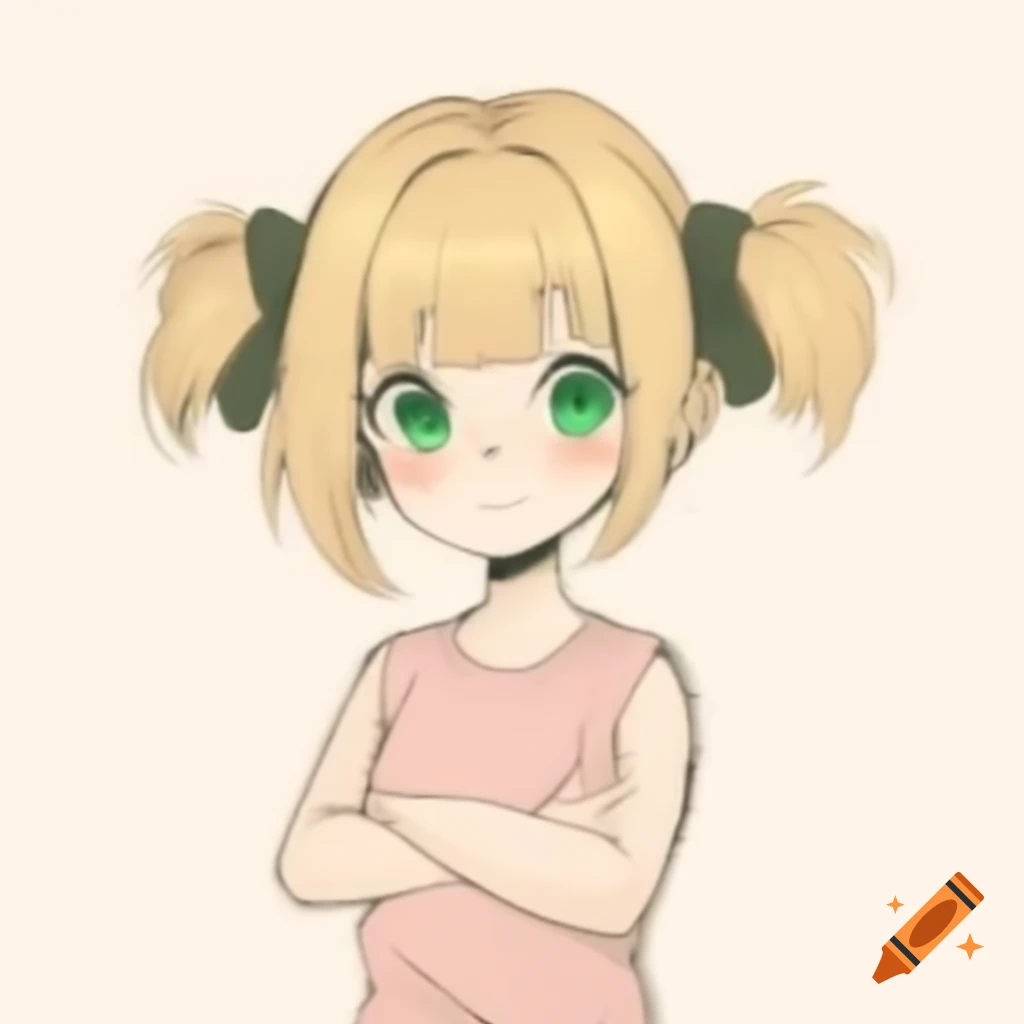 Anime-style girl with blonde hair and dark green eyes, arms crossed, wearing a light pink t-shirt