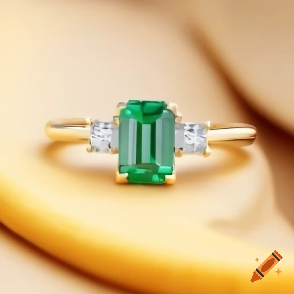 Emerald cut solitaire ring featuring three diamonds with a central white diamond and yellow side stones