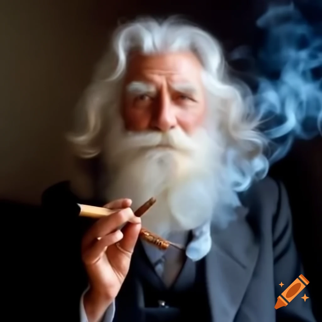 Elderly man with long white curly hair and beard enjoying a cigar