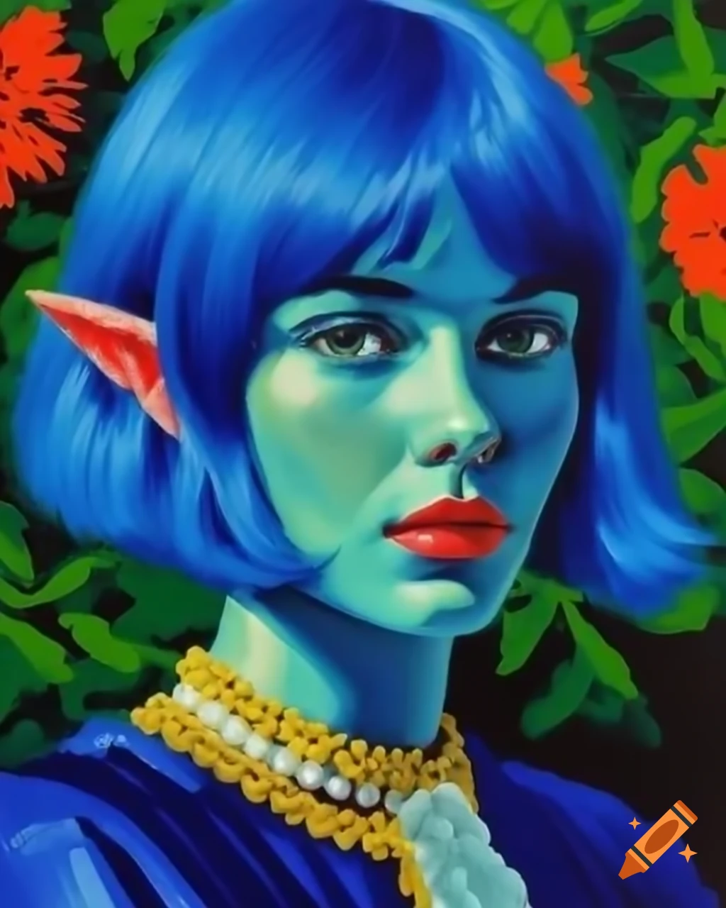 Retro pixel art portrait of blue-haired demi-elf in nomad village