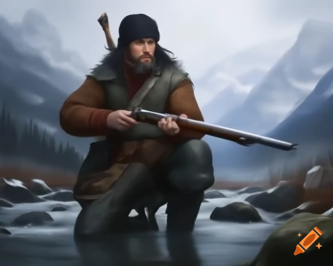 18th century mountain man trapper with flintlock rifle by winter stream