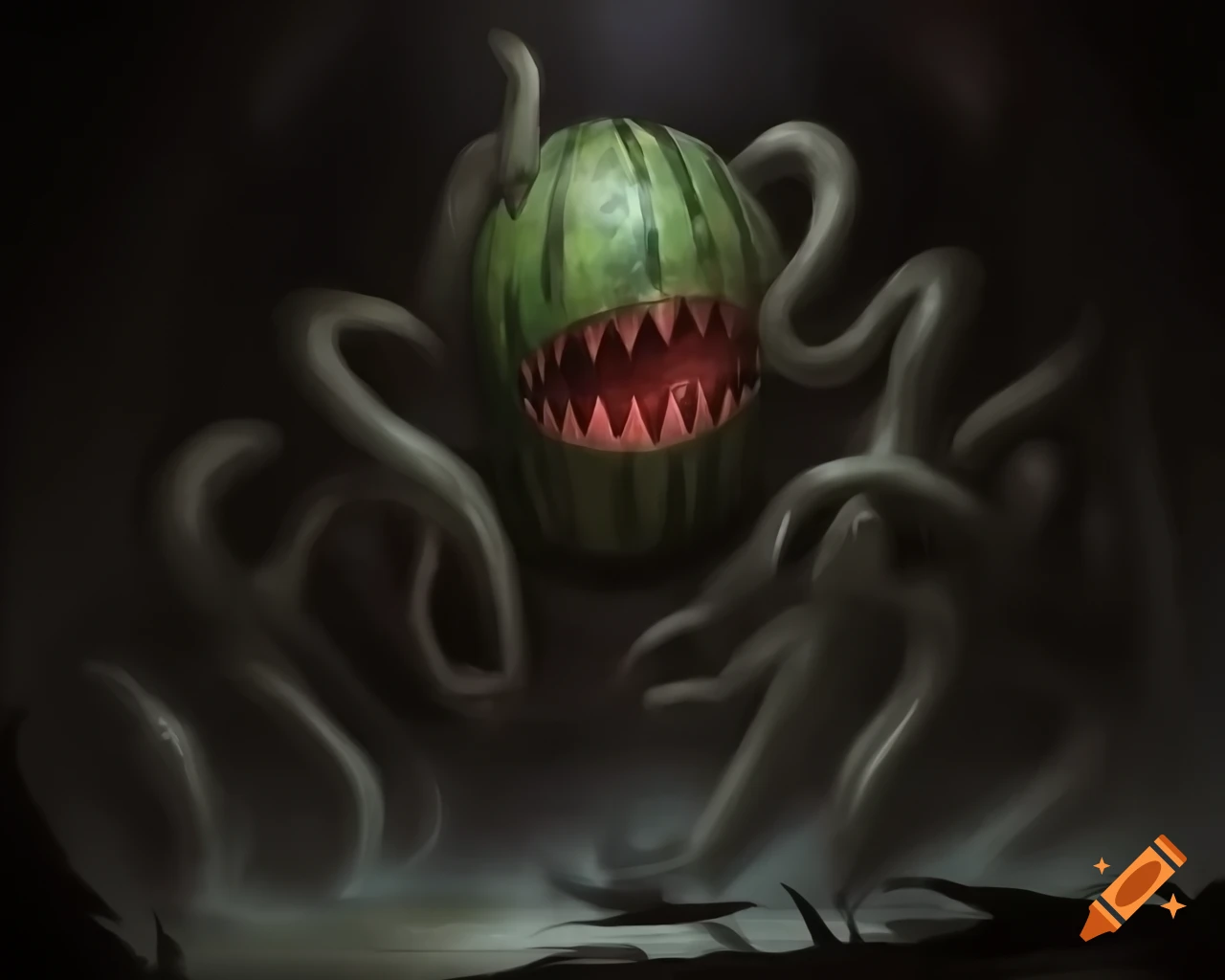 Creepy Lovecraftian creature resembling a watermelon in dark fantasy style