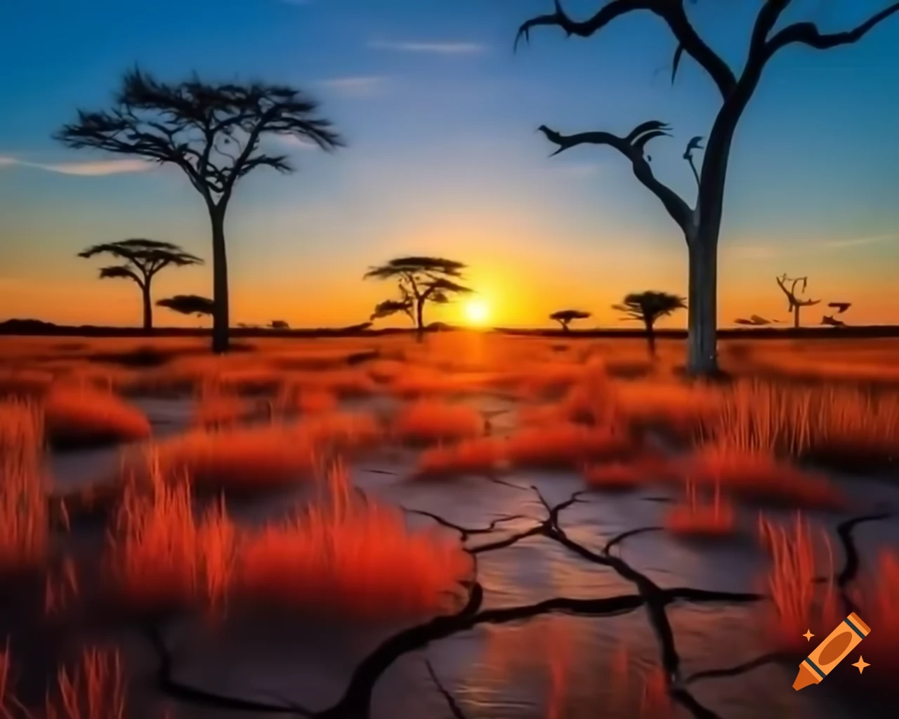 Savannah landscape with cracked ground, burnt sun, tall red grass, purple bushes, and low trees with neon green leaves