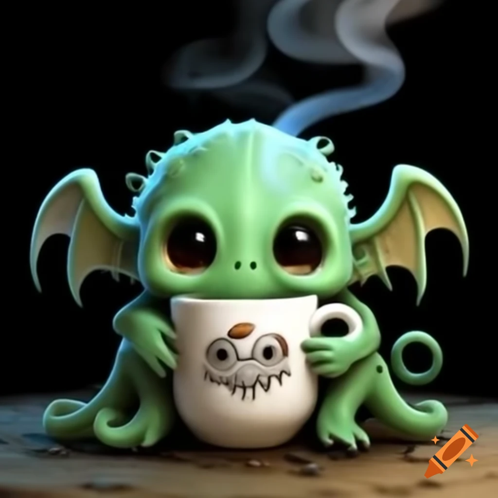Adorable Cthulhu character holding skull-shaped coffee mug in Pixar style