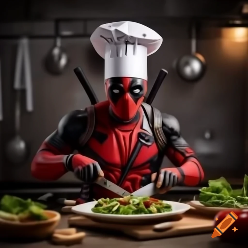 Chef character with sword preparing a salad in a cooking show