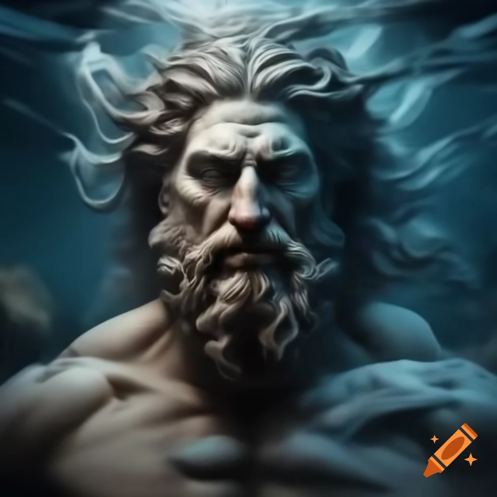 Realistic portrait of Poseidon, Greek god of the sea, with serious expression and water elements
