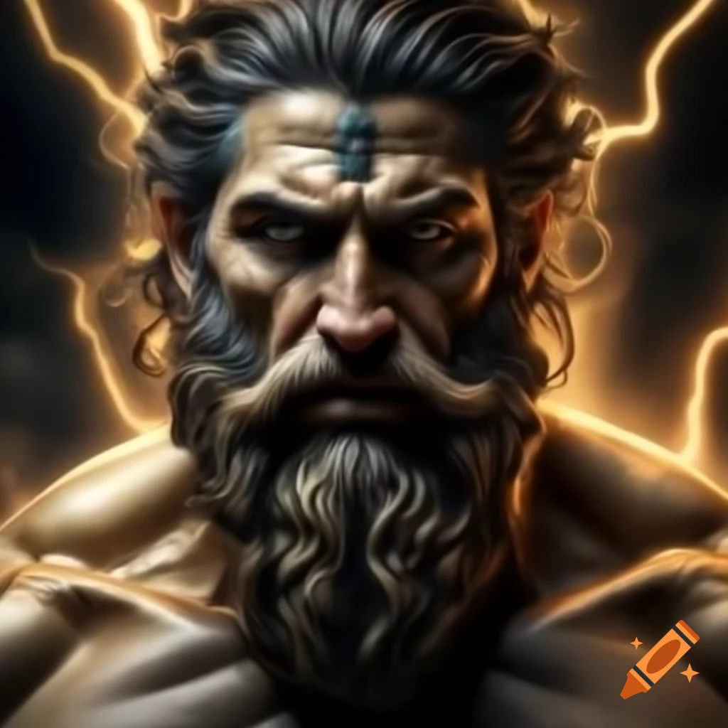 Realistic portrait of bearded Greek God Zeus with lightning