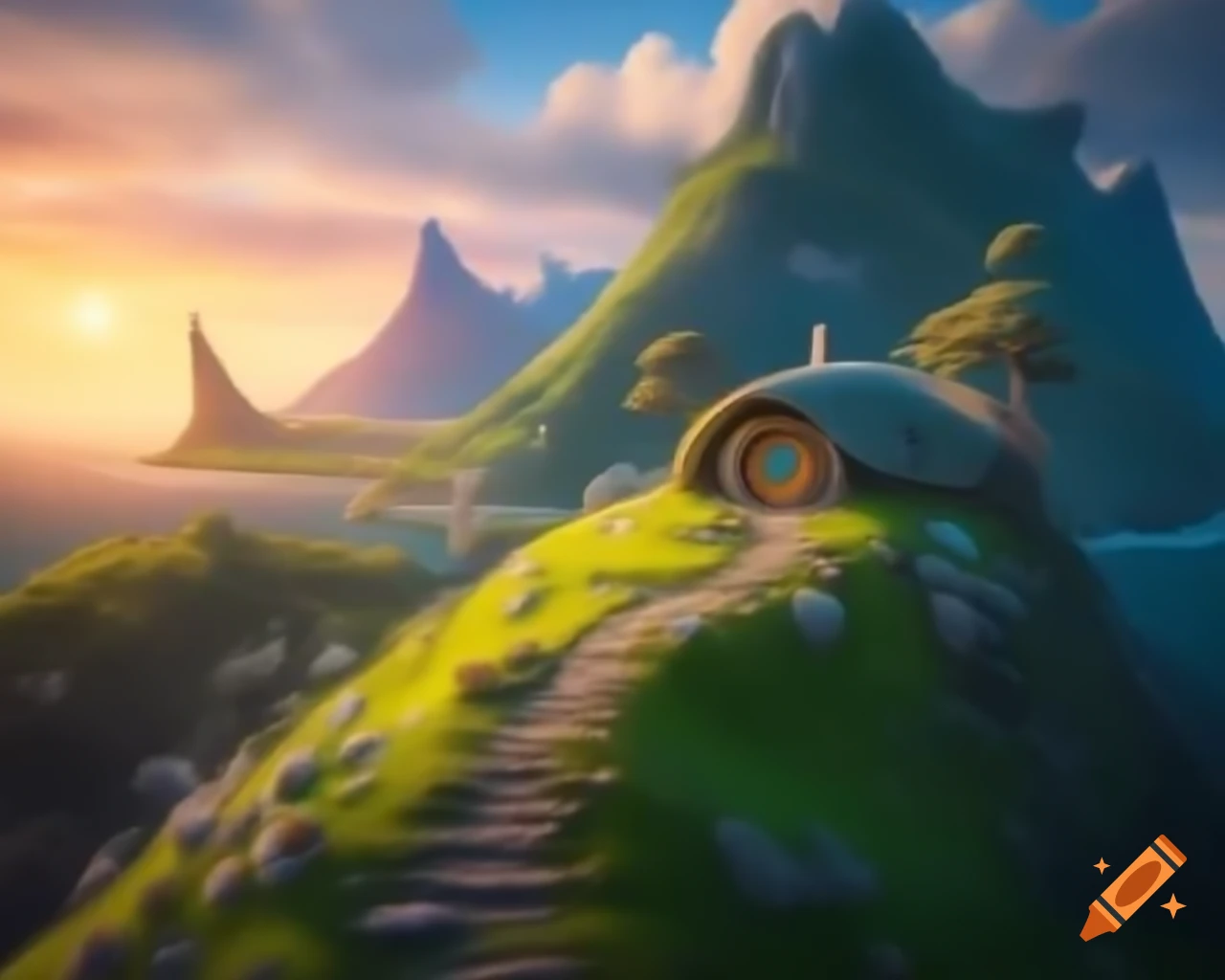 Hobbit house on mountain with sunset and sea view