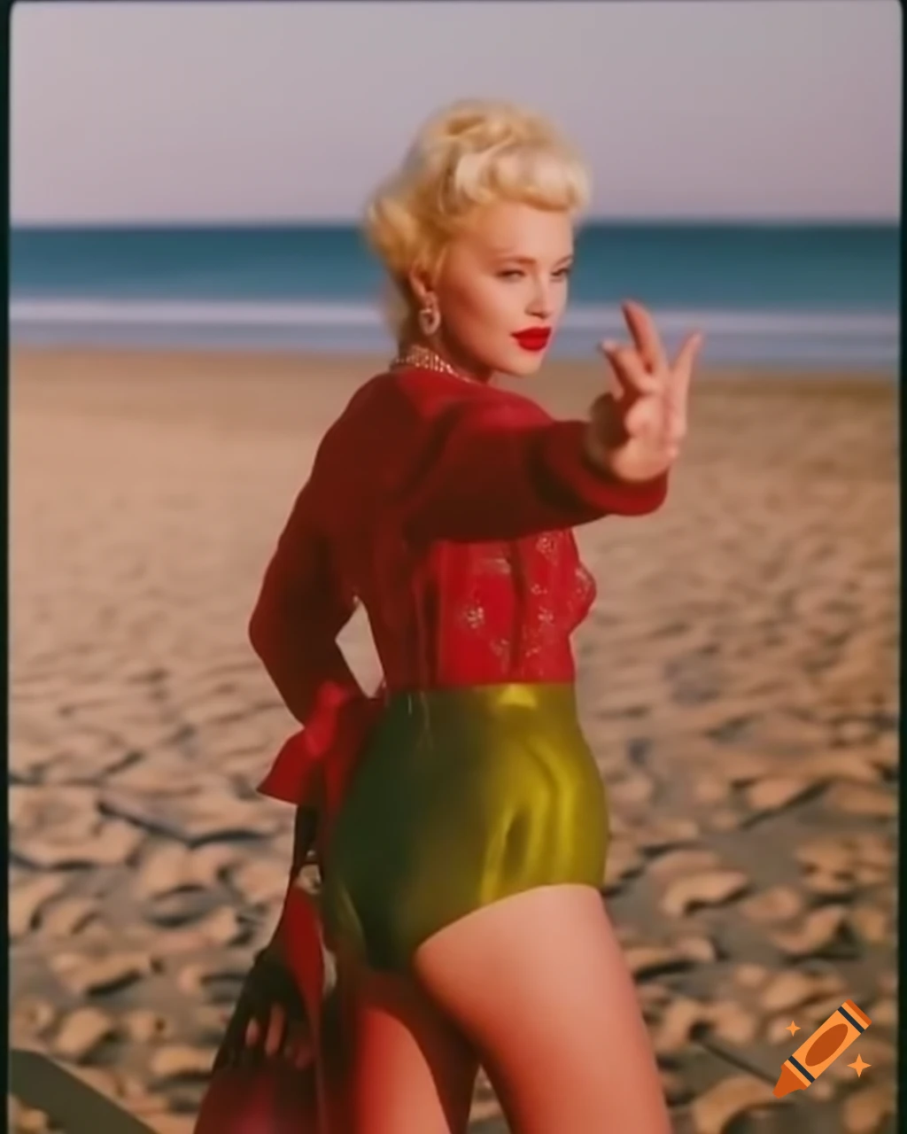 Mysterious Japanese pinup idol in city pop style on palm beach giving peace sign