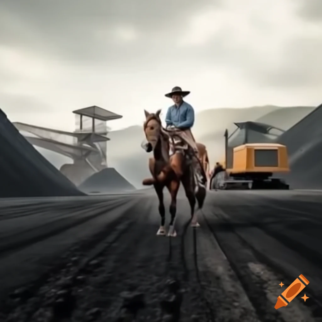 Cowboy riding horse in lignite mining landscape with excavators