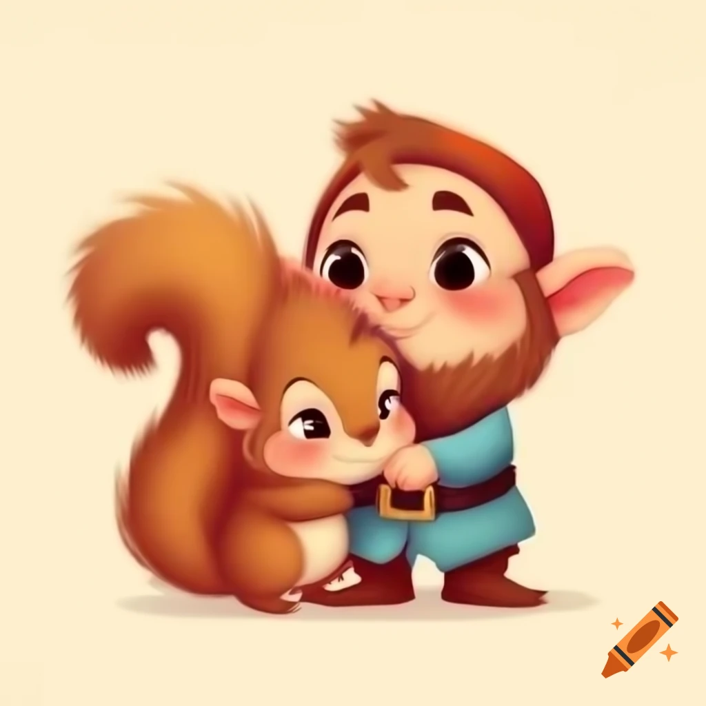 Cartoon of a dwarf cuddling a cute squirrel
