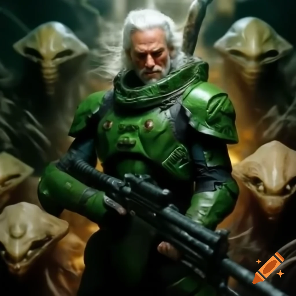 White man in green power armor with laser gun surrounded by defeated aliens