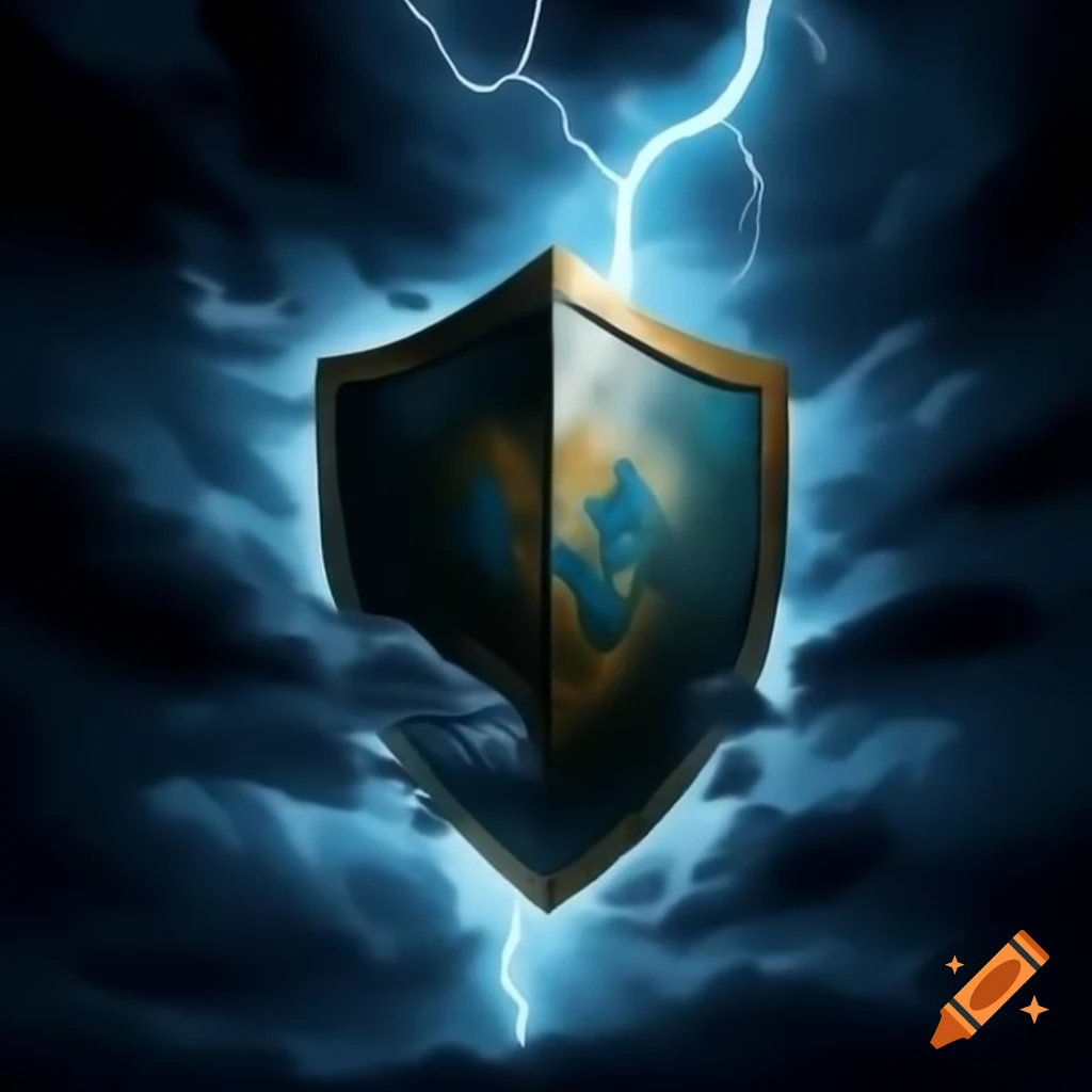 Shield illuminated by lightning in a stormy atmosphere