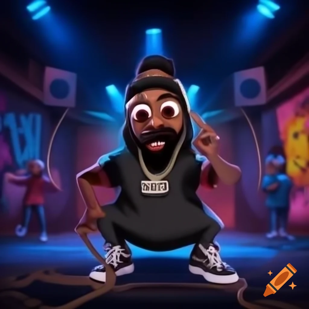 Animated coffee bean character with masculine features on vibrant urban stage