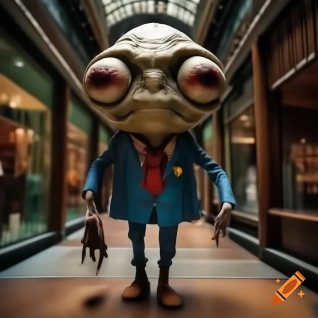 Realistic portrayal of Alien character in fancy suit walking through mall