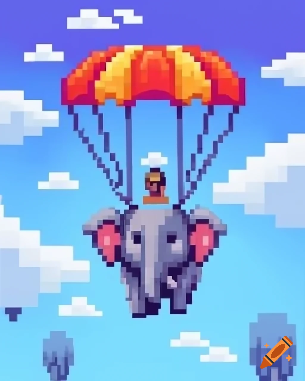 Pixel art of an elephant parachuting in 128-bit style