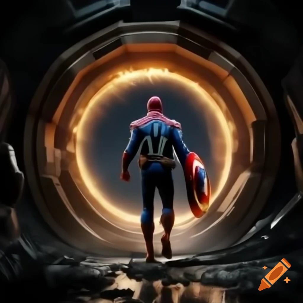 Glowing portal with superheroes including Captain America, Spiderman, Thor, and Venom