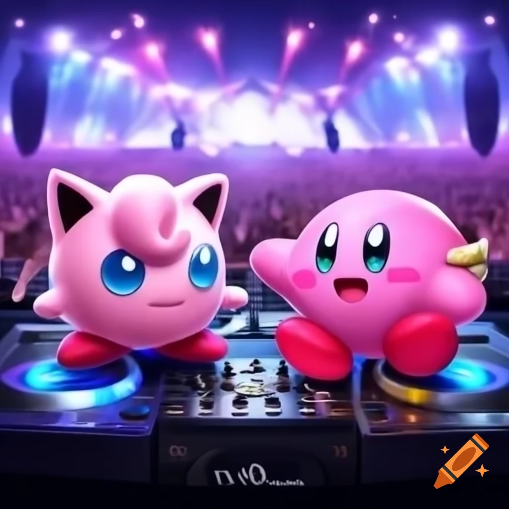 Jigglypuff and Kirby performing as DJs on festival stage