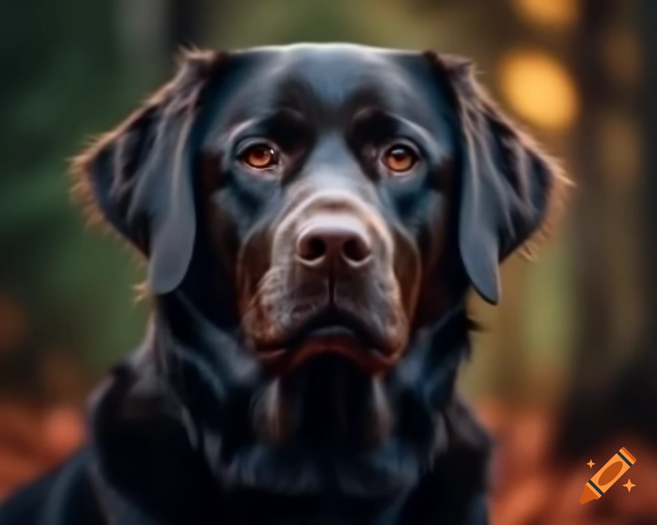 Hyperrealistic black Labrador Retriever in forest with trees and dark brown eyes