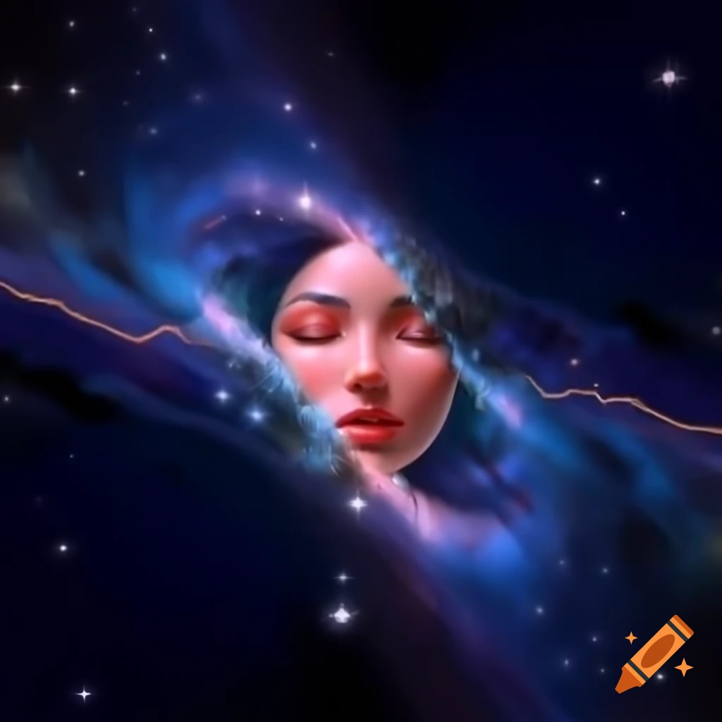 Curvy woman drifting through swirling galaxy with planets and stars on