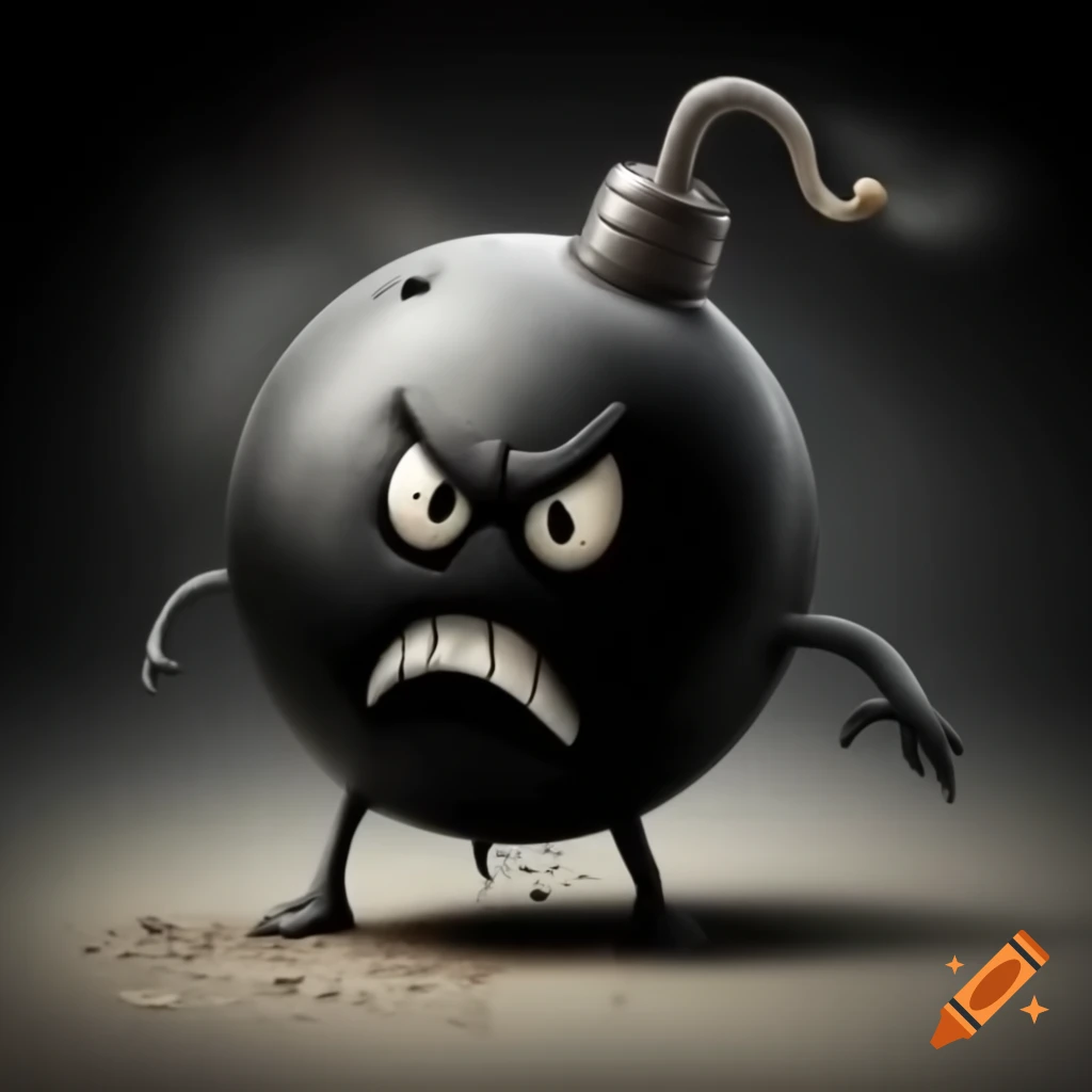 Cartoonish black bomb with a face and legs, poised to explode