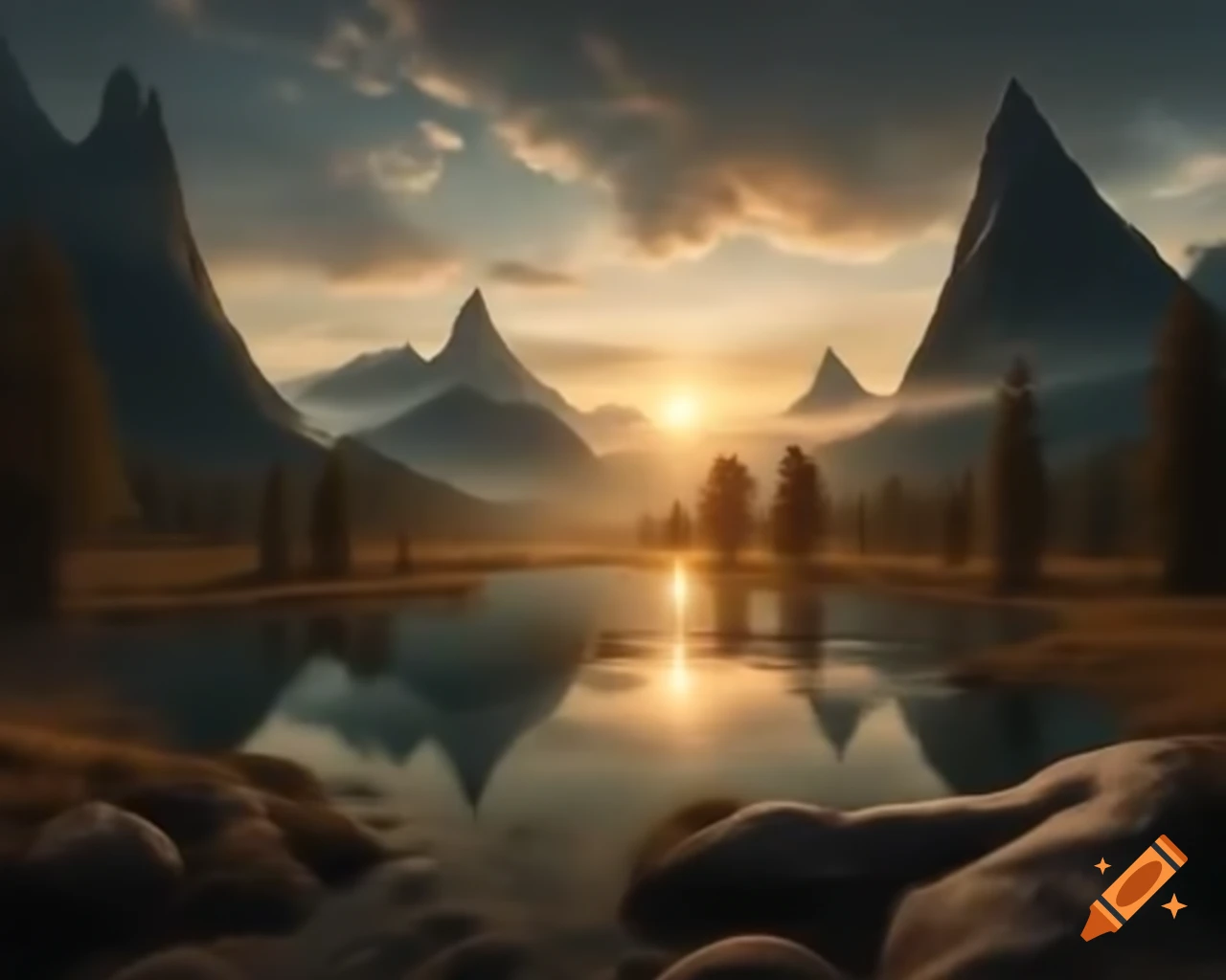 Breathtaking mountain range with rivers and trees in ancient land