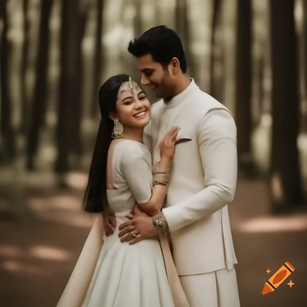 Asian man in Indian attire with girl in white lehenga and jewelry in sunny forest