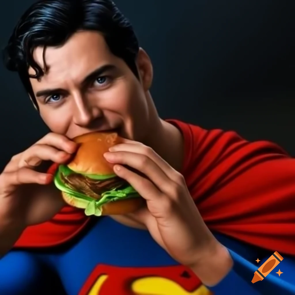 Superman enjoying a burger, realistic high-quality illustration