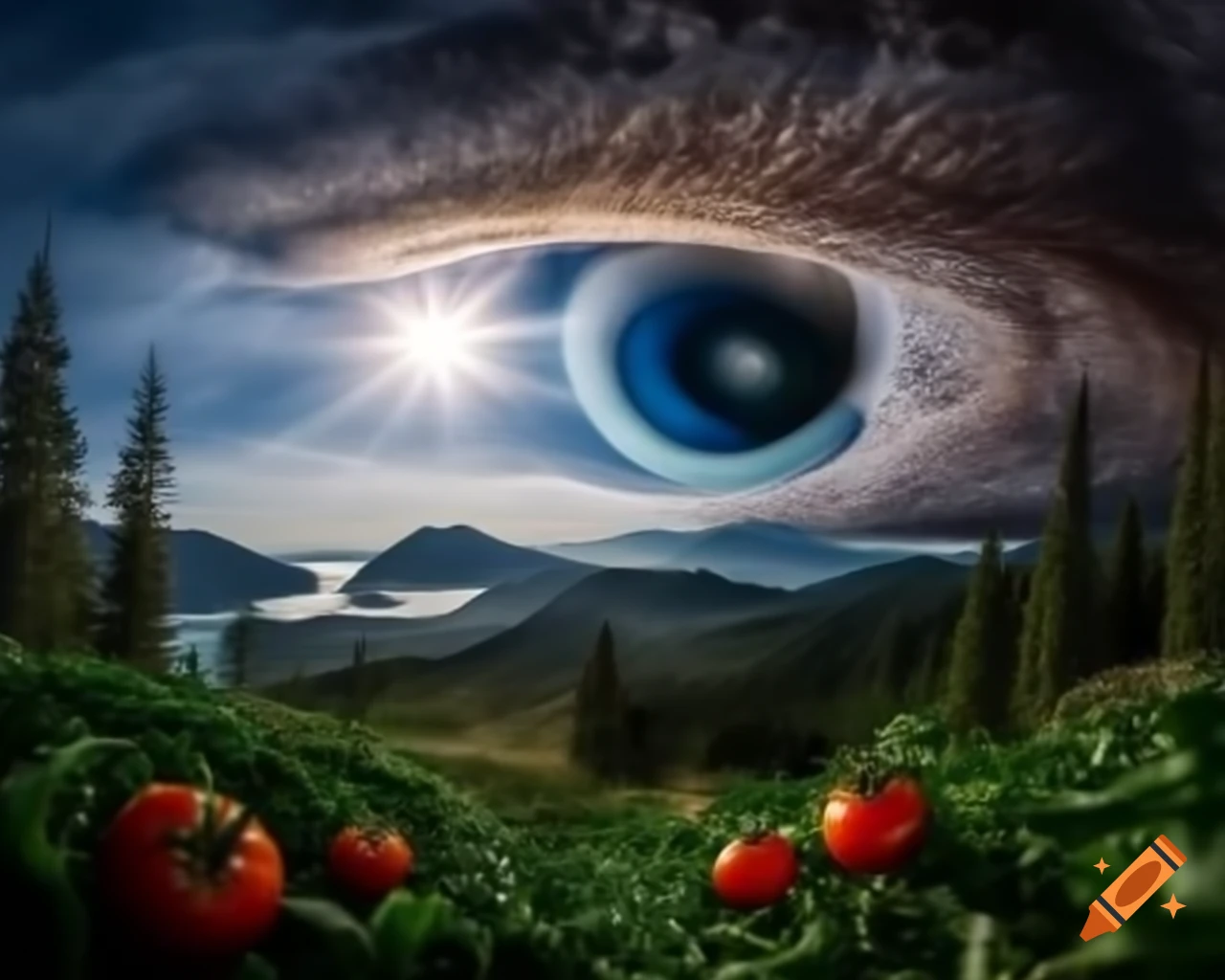 Surreal mountain range with giant eye and sea of ripened tomatoes
