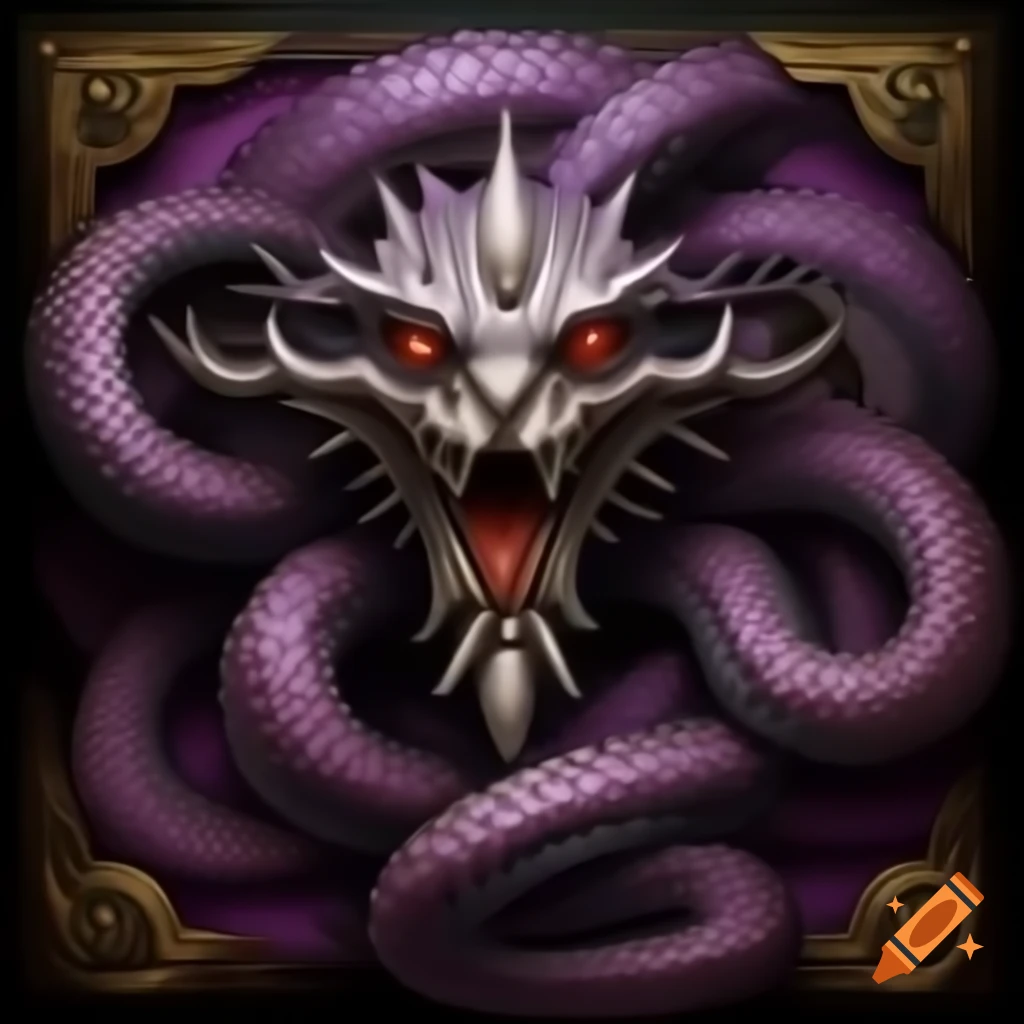 Highly detailed illustration of a sinister serpent monster card in Yu-Gi-Oh style