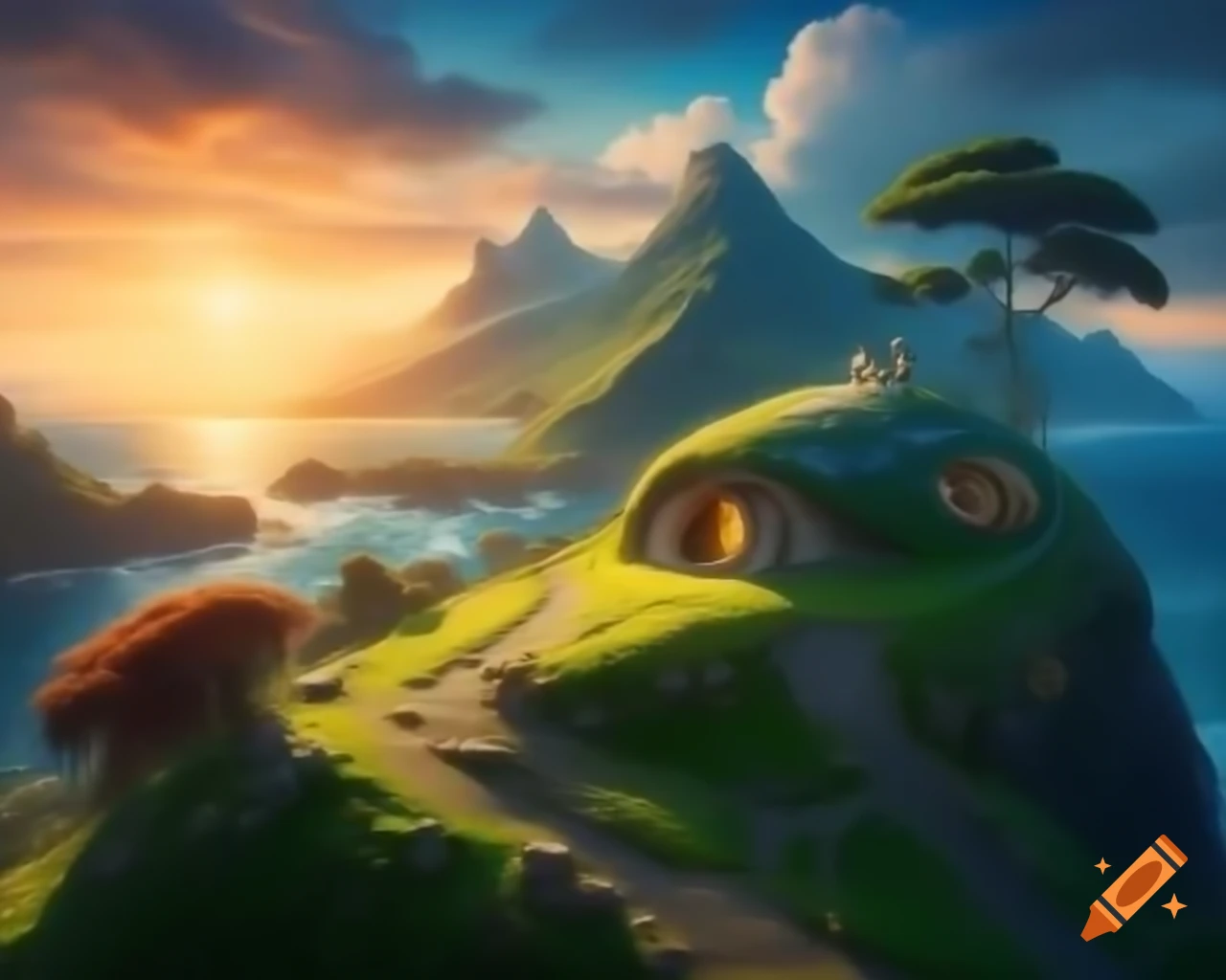 Hobbit house on mountain with sunset and sea view