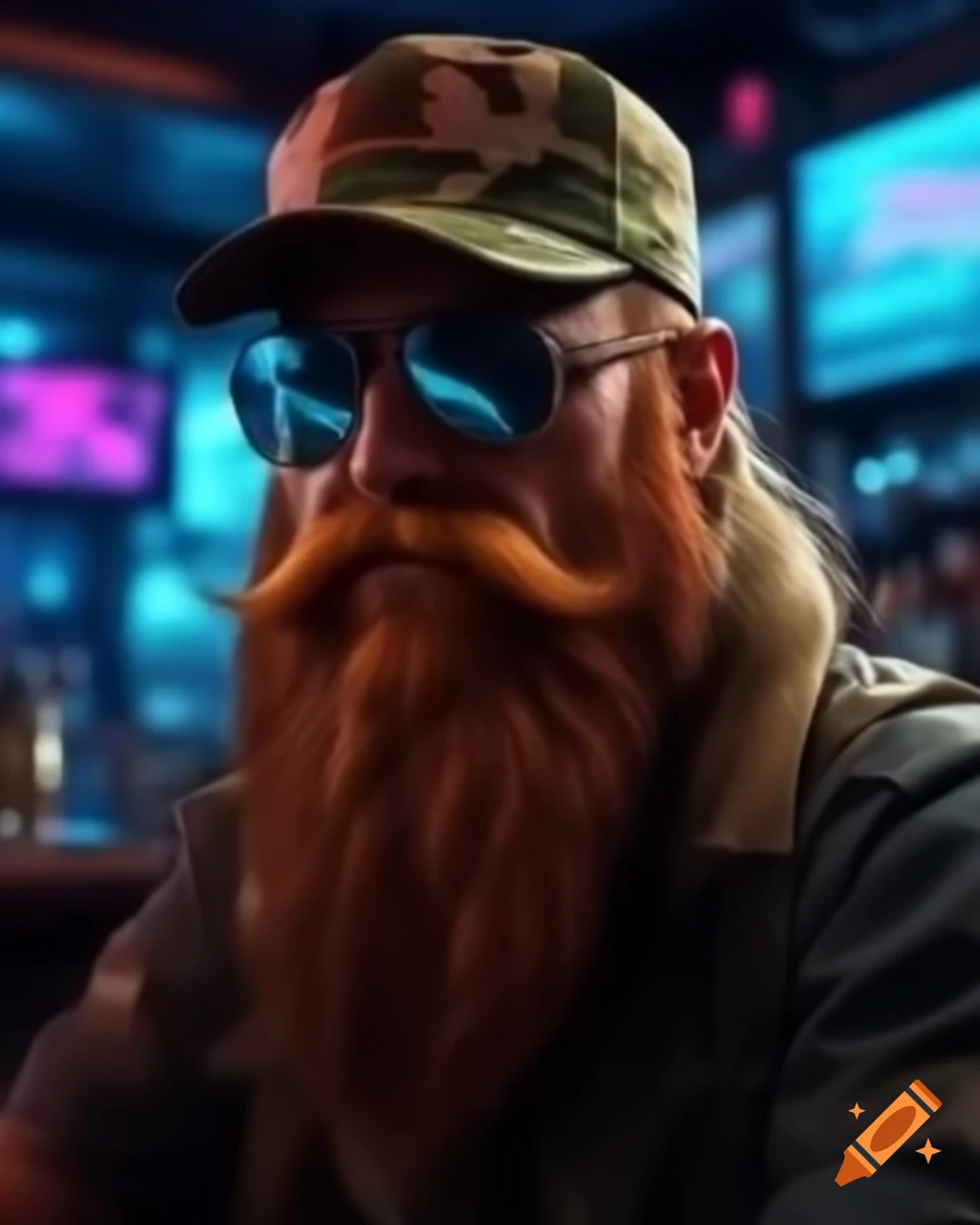 Portrait of a man with bald head, camouflage cap, aviator sunglasses, and long orange beard in vaporwave bar