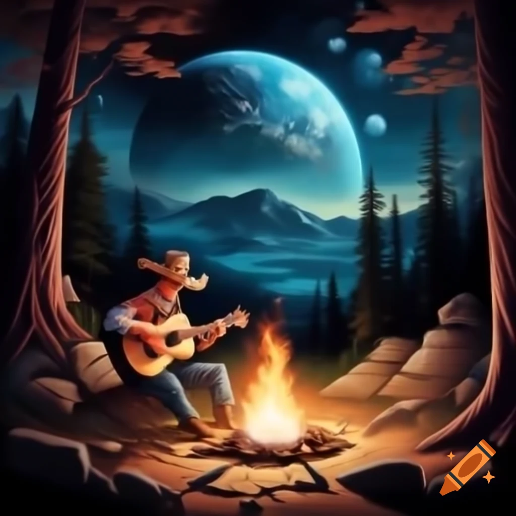 Cowboy playing guitar by campfire in forest with Saturn-like planet in sky