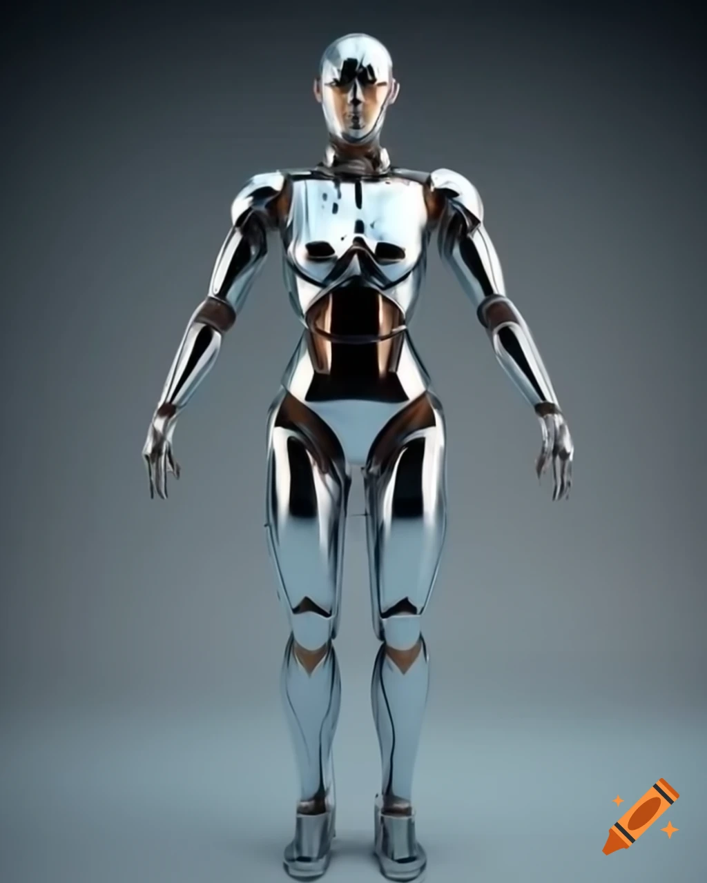 Full body bionic armor suit in shiny chrome with detailed anatomy