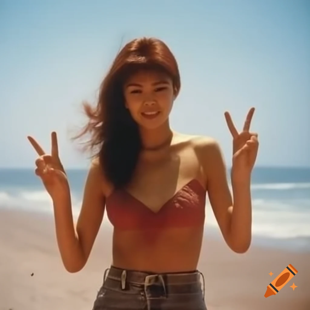 1980s vintage photo of Japanese idol in Harajuku style on palm beach
