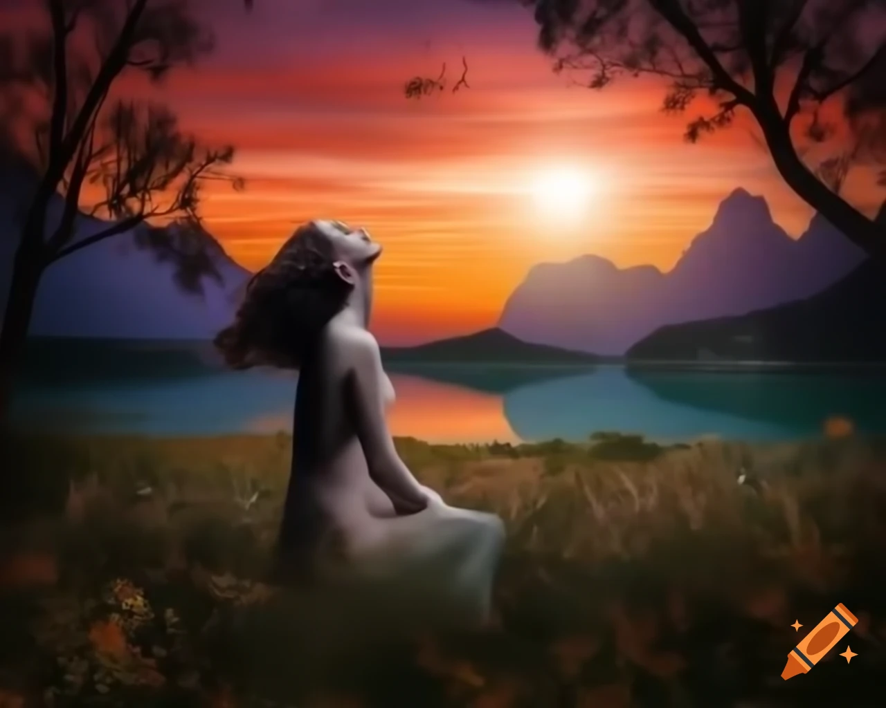 Surreal woman’s face intertwined with ancient trees and wildflowers