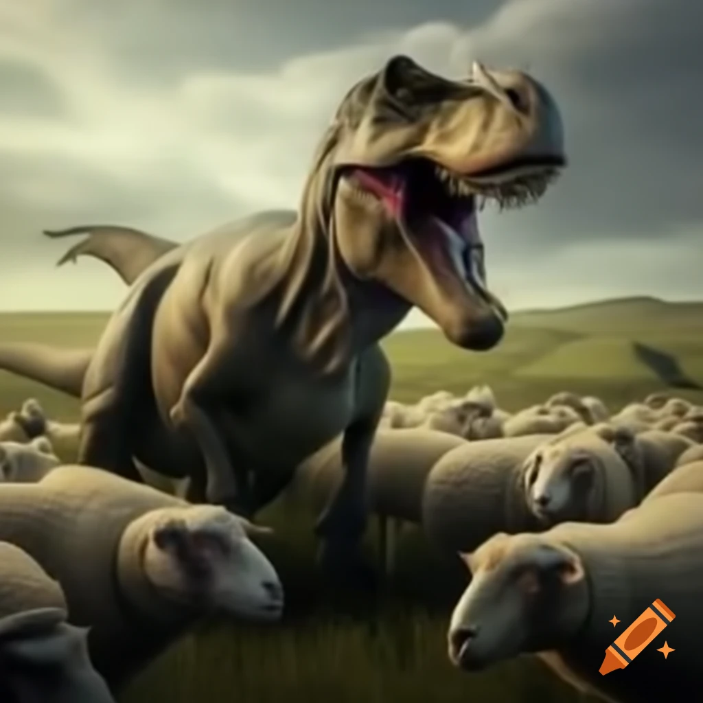 Tyrannosaurus rex among sheep in unusual scene