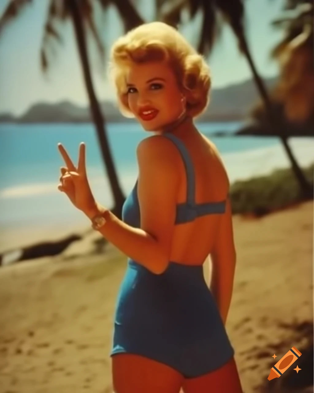 Japanese pinup idol actress in 1980 city pop fashion on palm beach