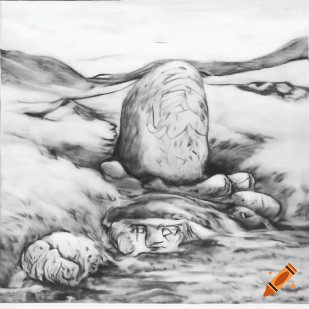Highly detailed ink drawing of spring water from stone on hillside in Gustave Dore style
