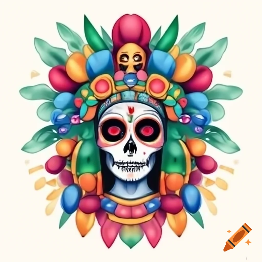 Colorful details of Santa Muerte figure inspired by Maya culture
