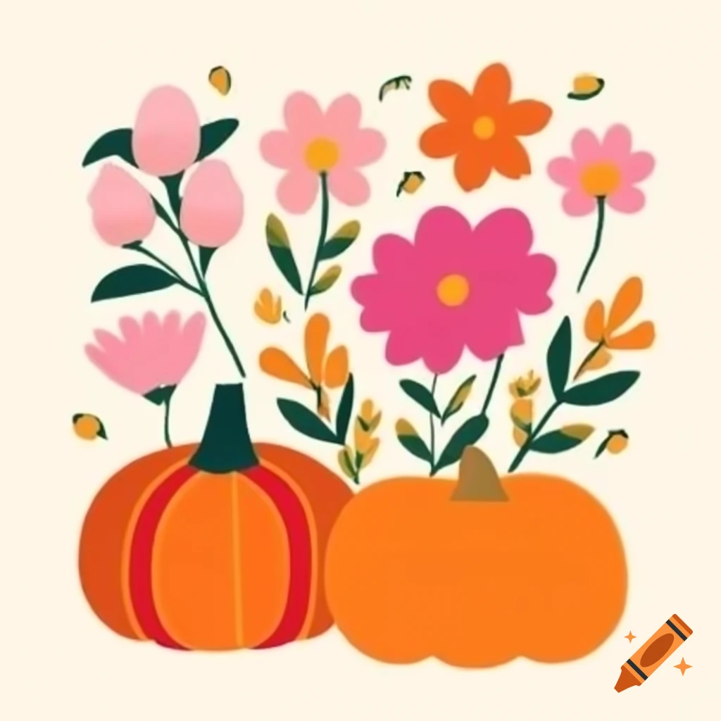 Vector art featuring flowers, pumpkins, and books in pink and orange colors for fall season
