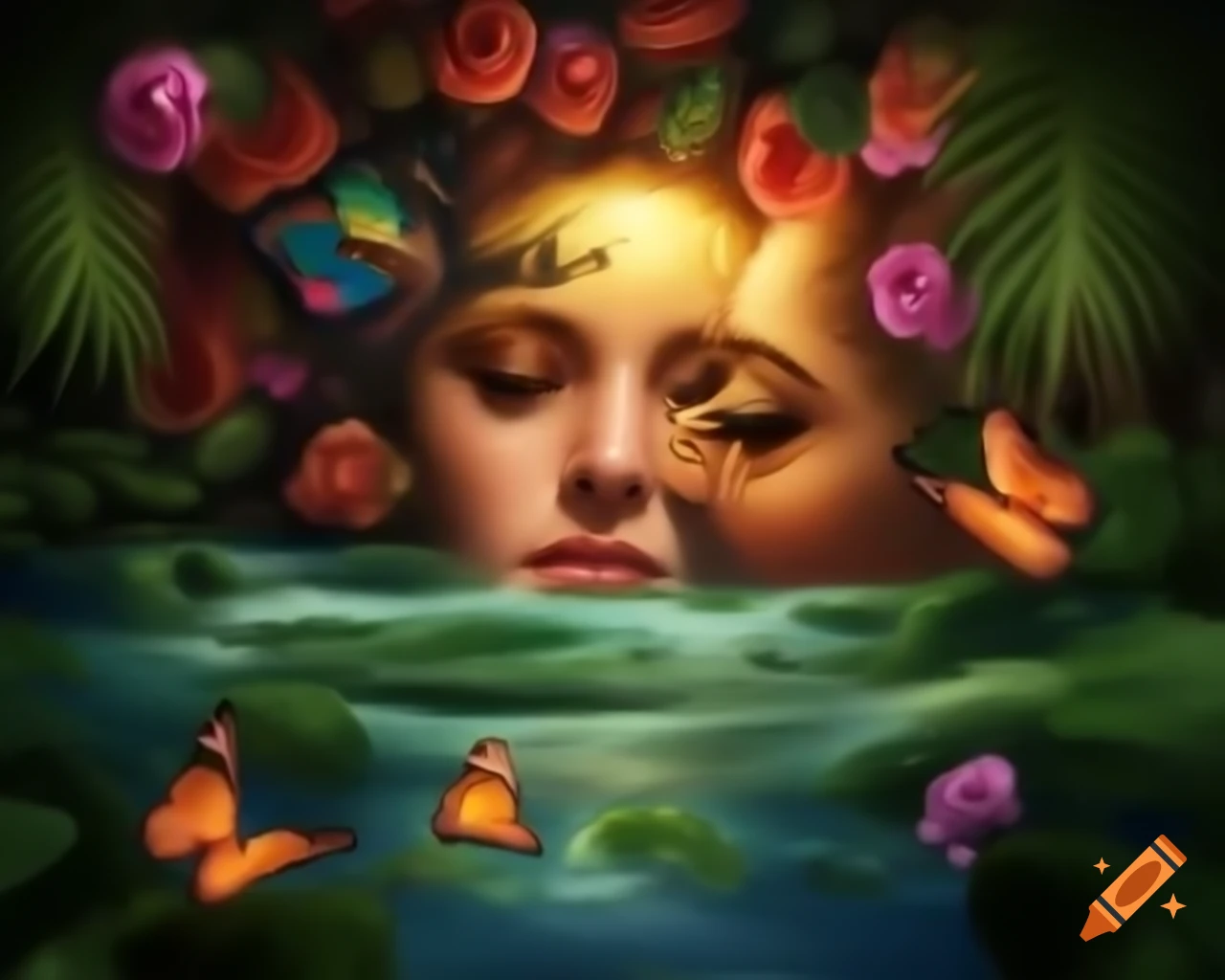 Woman of unimaginable beauty with golden flowing hair in a dreamlike setting